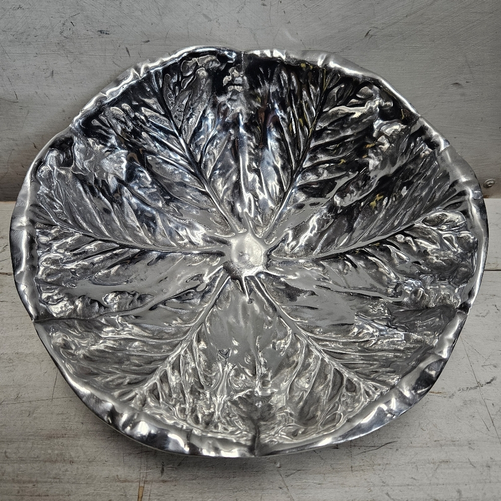Vintage Pewter Large Cabbage Leaf Bowl Holiday Centerpiece Kitchen Decor Silver